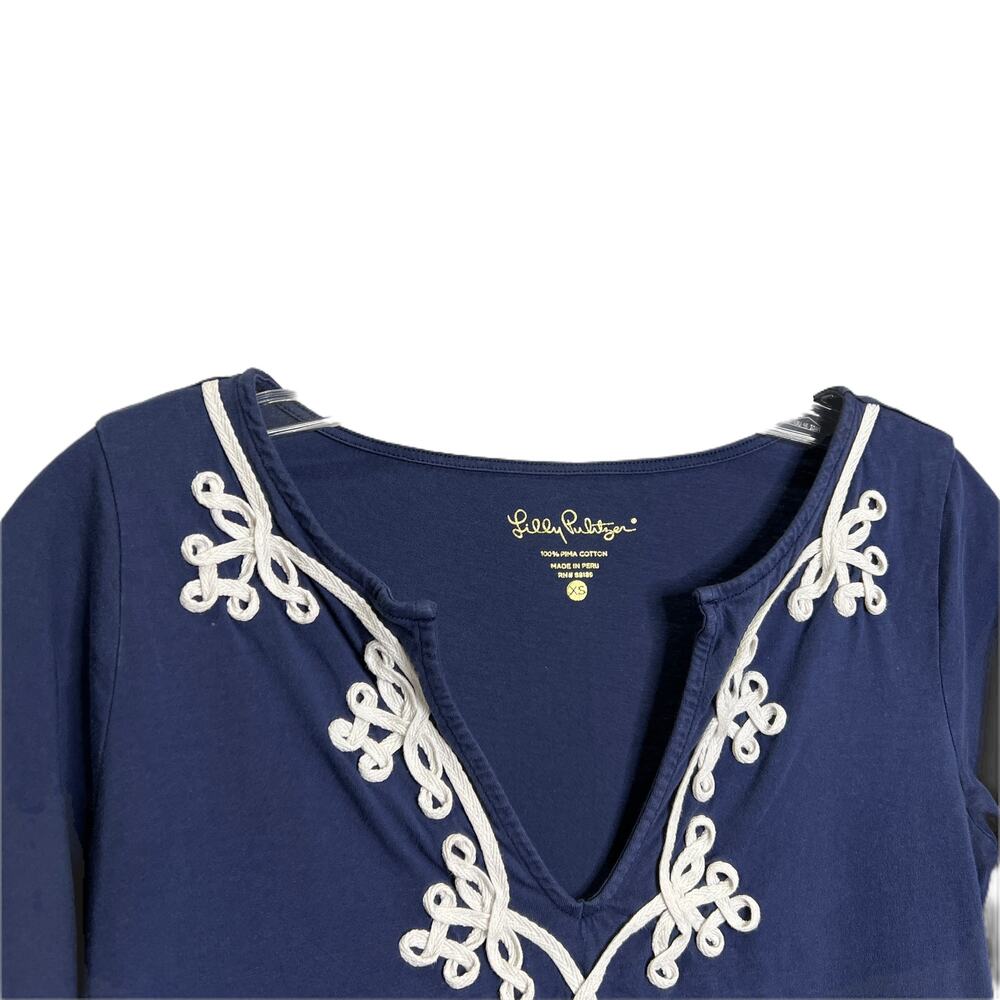 Lilly Pulitzer Marina‎ Shirt Dress Womens XS Navy Cotton White Rope Detail VNeck - Picture 3 of 7